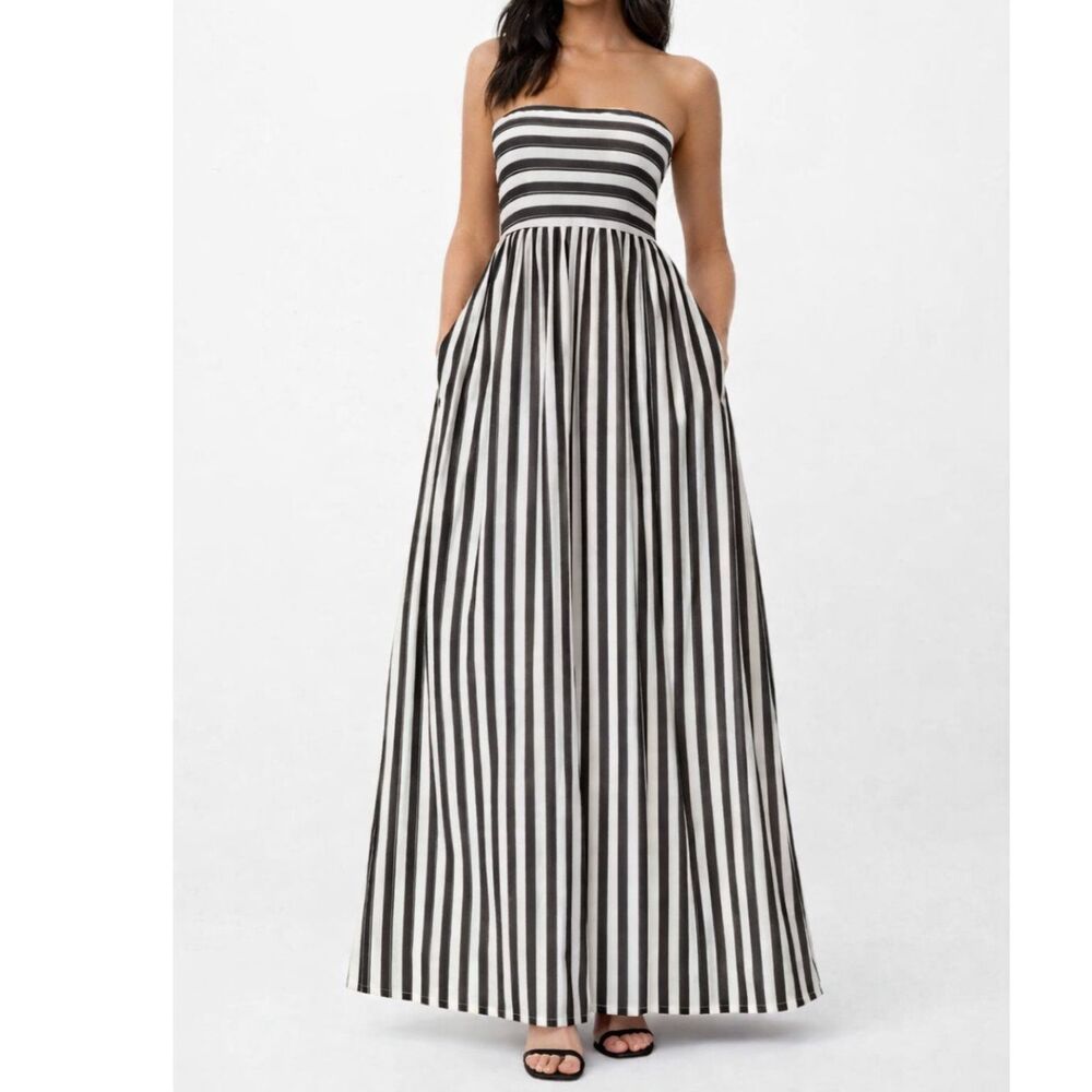 Topshop Strapless Brown & White Striped 100% cotton Maxi Dress Size 6